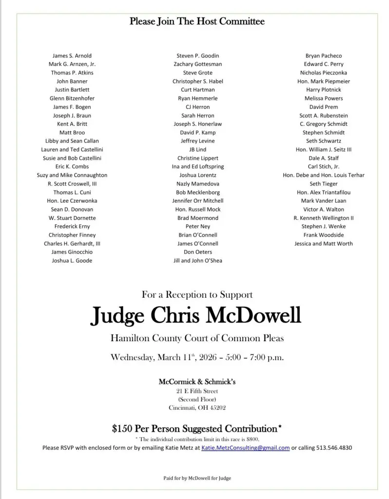 Event flyer for Judge Chris McDowell's reception and fundraiser.
